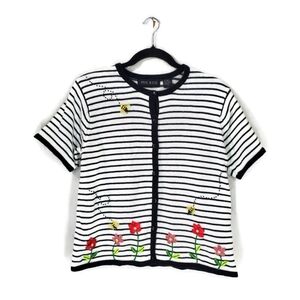 M.C. & CO. black and white crochet cardigan with ribbon flowers bees embroidered